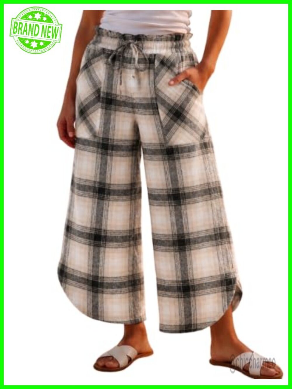 Women's Plaid Wide Leg Palazzo Pants Tulip Hem Casual Trousers Pockets